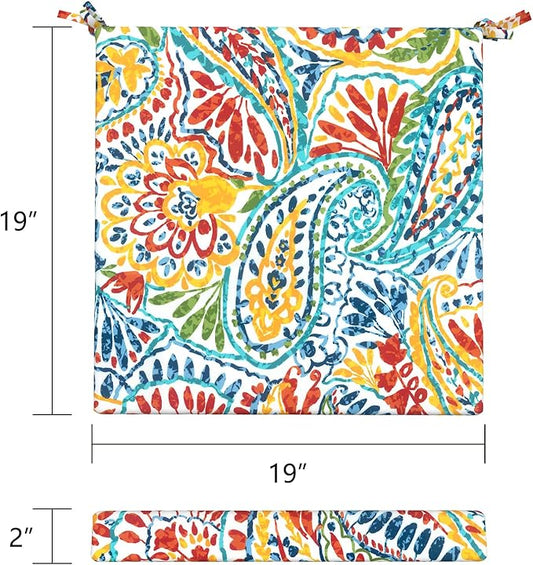 LVTXIII Outdoor Chair Cushions 19"x19"x2" Pack of 2, Water-Repellent Square Corner Memory Foam Seat Cushions with Ties for Garden Patio Furniture, Paisley Multi