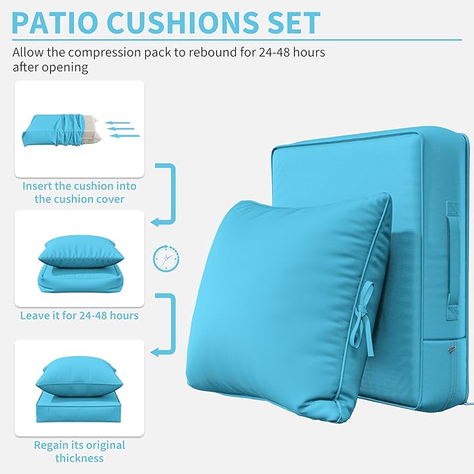 Premium Outdoor Seat Cushion Chair Cushions for Patio Furniture 19 L X 19 W X 4 H Waterproof & Fade Resistant Deep Seat and Backrest Cushion Set with Removable Covers for Chair, Sofa