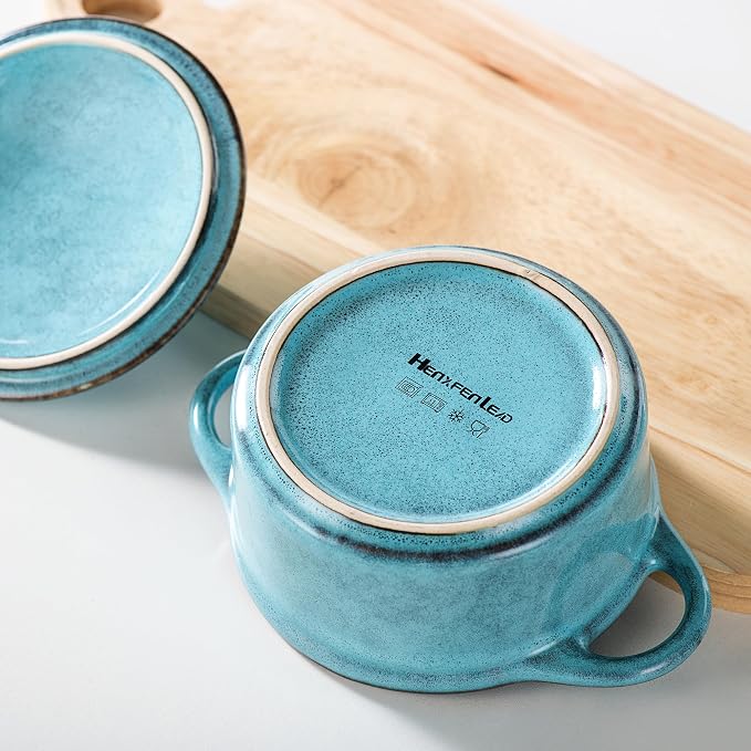12 oz Mini Cocotte Set of 4, Ceramic Casserole Dishes with Lids & Handles | Reactive Glaze, Individual Baking & Serving, Ideal for Pot Pies, French Onion Soup, Casseroles & Baked Pasta, Oven Safe