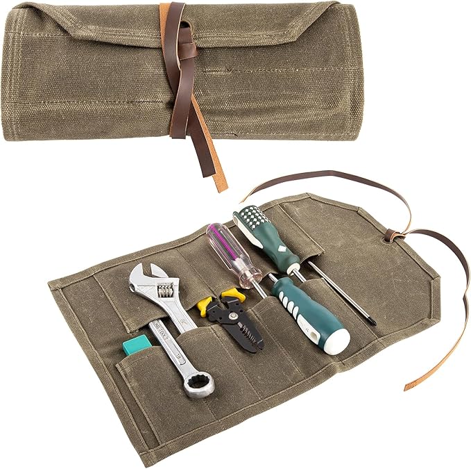 Tool Roll,10Slots Tool Roll Up Pouch,Heavy Duty Waxed Canvas Tool Roll Bag,Chisel Wrench Spanner Roll Tool Pouch with Leather Rope,Tool Roll Organizer for Mechanic Electrician Plumber Carpenter
