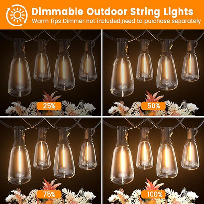 LED Outdoor String Lights 100ft ST38 Waterproof Patio Lights with 50 Vintage Shatterproof Bulbs(3 Spare), Dimmable Outside Hanging Edison String Lights for Backyard Porch Balcony Decor, Warm White
