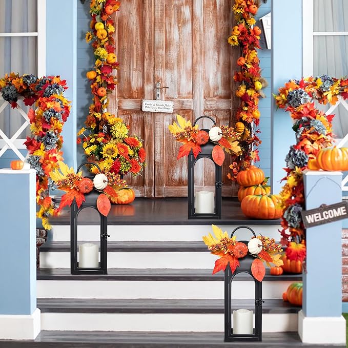 Thanksgiving Outdoor Decorations Lantern 2Pack, Fall Decorations for Home Waterproof 16" Battery Powered Decorative Lanterns Metal Hanging LED Candle Holder, Flameless Candle Lantern for Indoor
