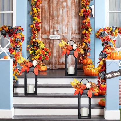 Thanksgiving Outdoor Decorations Lantern 2Pack, Fall Decorations for Home Waterproof 16" Battery Powered Decorative Lanterns Metal Hanging LED Candle Holder, Flameless Candle Lantern for Indoor