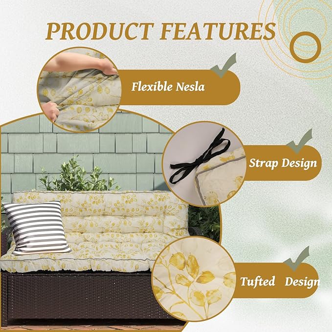2/3 Seater Swing Replacement Cushion, Waterproof Porch Swing Cushions with Backrest, Thickened Bench Cushions for Outdoor Furniture, for Outdoor Patio Swing (Yellow Leaves, 63 * 40in)