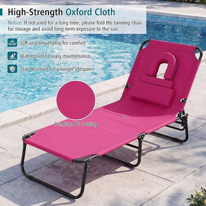 GYMAX Tanning Chair, Folding Lounge Chairs with Face Hole & Cover, Removable Pillow Carry Handle, Portable Compact Outdoor Layout Recliner for Beach, Poolside, Lawn, Patio, Camping (Pink,2)