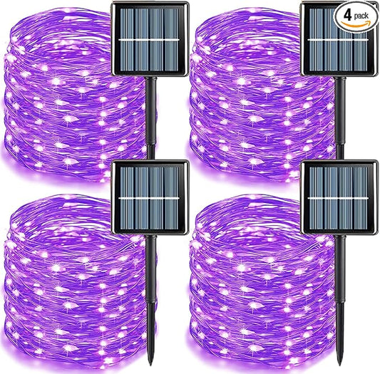 YEGUO 4 Pack Purple Solar Fairy Lights, Each 33ft 100 LED Christmas Lights Outdoor Waterproof, 8 Modes Sliver Wire Solar String Lights
