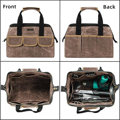 Tool Bag, Durable 16oz Waxed Canvas Wide Mouth Water-Resistant Electrician Tool Bag, Tool Tote with Handle for Tools, Wrenches, Screwdrivers (15 X 7.8 X 11.5 Inch) | Grey