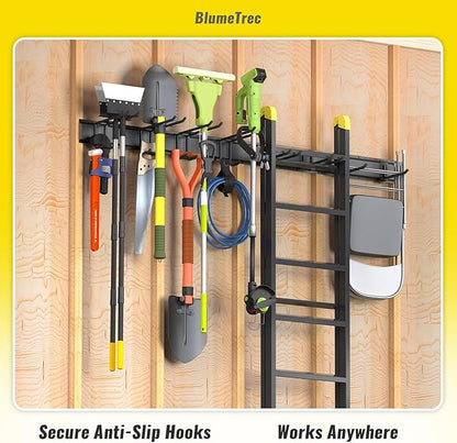 Garage Tool Organizer Wall Mount, 64" Heavy-Duty Metal Wall Organizer, 4 Rails with 8 Adjustable Hooks, Garden Storage Rack for Organization, Sturdy Tool Hanging Holder for Shovel Shed Yard