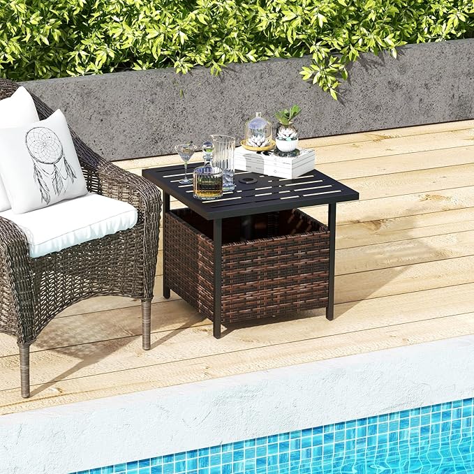 Giantex Outdoor Side Table with Umbrella Hole, 22" Wicker Umbrella Stand Holder and Base, Weather-Resistant PE Rattan Patio End Table for Deck Garden Poolside, Mix Brown (Metal Tabletop)