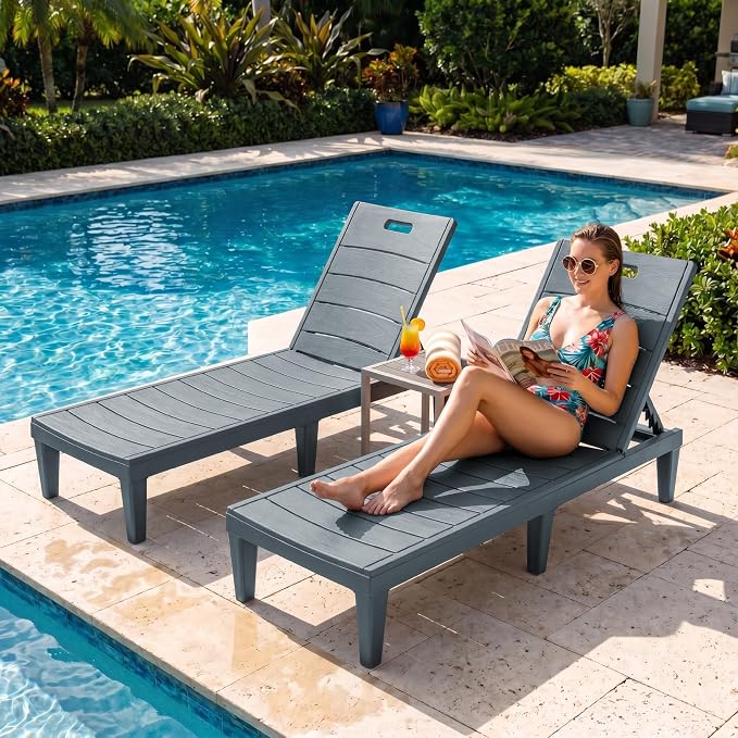 Greesum Outdoor Chaise Lounge Chairs Set of 2 with 5-Position Adjustable Backrest, Waterproof PP Sun Chaise Loungers for Garden Pool Beach Patio Deck Sunbathing, Grey