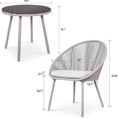 NUU GARDEN 3 Piece Outdoor Bistro Set, Woven Rope Conversation Patio Set, All Weather Patio Furniture Chairs and Table with Cushions for Garden, Deck, Backyard, Balcony, Porch, Beige