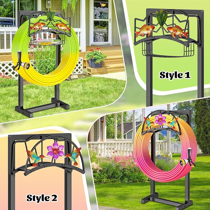 Garden Hose Holder, Heavy Duty Metal Water Hose Holders Stand with 4 Spikes, Freestanding Outdoor Water Pipe Storage Rack Hanger 150ft for Outside Yard Lawn Decor