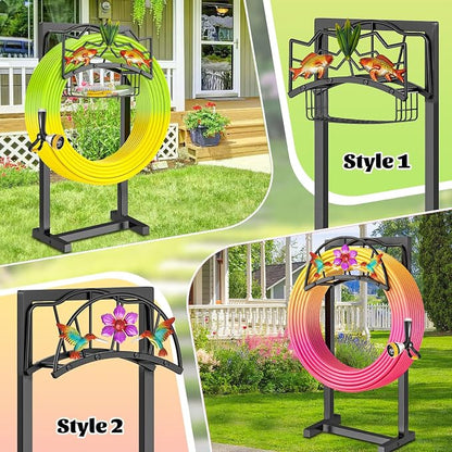 Garden Hose Holder, Heavy Duty Metal Water Hose Holders Stand with 4 Spikes, Freestanding Outdoor Water Pipe Storage Rack Hanger 150ft for Outside Yard Lawn Decor