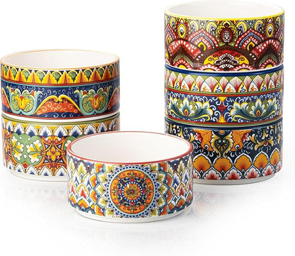 Henten Home Ceramic Ramekins Set Oven Safe, Colorful Souffle Ramekins Set of 6, Boho Baking Cups for Pudding, Cake, Ice Cream, Snack, Creme Brulee, Microwave & Dishwasher Safe (6 oz)