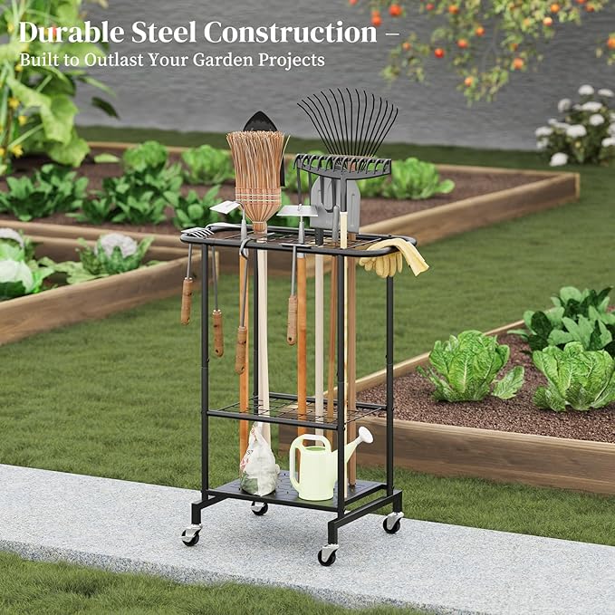 Garden Tool Organizer with Wheels, Yard Tool Rack Heavy Duty Steel Tool Organizer and Storage Holder Broom Holder for Garage, Shed, Patio, Indoor/Outdoor
