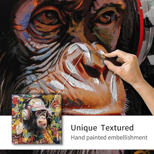 Modern Pop Art Monkey Canvas Wall Art, Street Graffiti Gorilla Canvas Painting, Abstract Banksy Listening To Music Monkey Posters Wall Art Living Kids Room Home Decoration, Ready to Hang 20 x20 IN