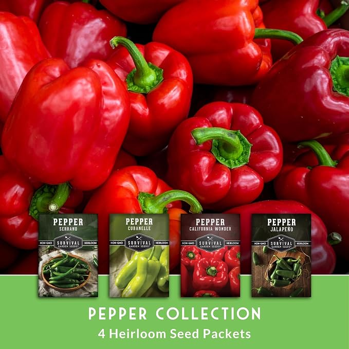 4 Variety Pack Pepper Seed Collection | Jalapeño, Serrano, Cubanelle & California Wonder | Heirloom Non-GMO Hot & Sweet Peppers | Survival Garden Seeds