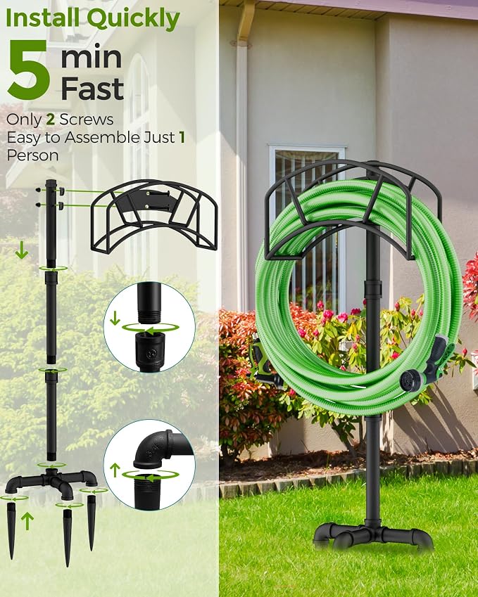 Freestanding Garden Water Hose Storage Holder Stand for Outside, 160-Ft Hose Heavy Duty Metal Hanger Reel Organizer Outdoor Yard Lawn, Standing Keeper Rack with Ground Stake, Black GHH01BK01