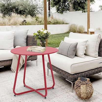Meluvici Patio Small Side Table Waterproof Round Metal Steel Weather Resistant Portable Outdoor and Indoor End Table for Garden Balcony Yard, Red