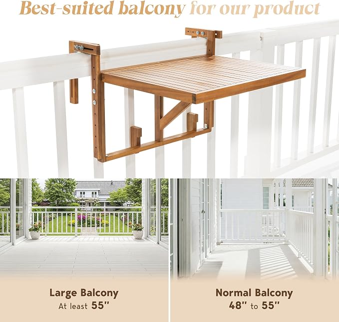 Idzo FSC Acacia Wood Folding Balcony Bar Table for Railings, Adjustable Height & Width, Teak Finish Durable Against Weather, Ideal Spacious Dimension of 27 9/16 x 23 7/16 Inch, Rectangular Design