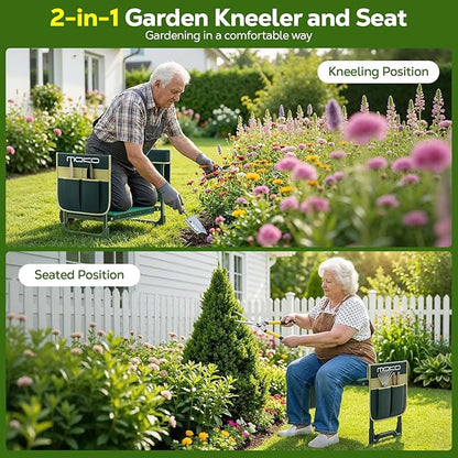 MoKo Garden Kneeler, Heavy Duty Garden Kneeler and Seat Supports up to 350Lbs, Gardening Stool with LargeTool Bag, Foldable Kneeling Stool Space Saving, Gardening Gifts for Women, Seniors, Dark Green