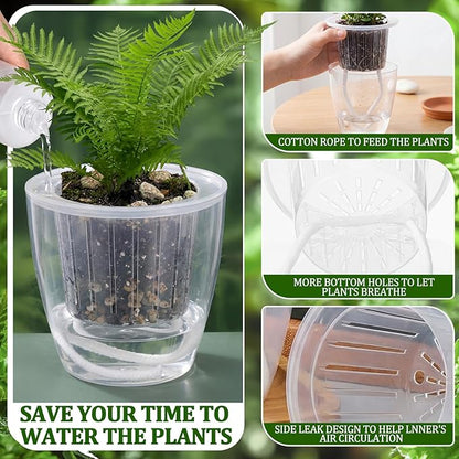 36pcs Self Watering Pots 4.3 Inch Plastic Flower Plant Pot with Inner Pot Self Watering Wick Planter White Clear Flower Pots for Indoor House Plants Herbs, Flowers, Succulents (Transparent)