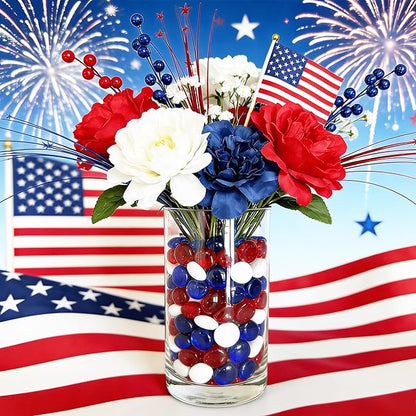 150 Pieces Red Blue White Glass Gemstone Beads Patriotic Vase Fillers Stone Independence Day Bowl Filler Gems Flat Marble Beads Glass Gem Pebbles for Home Decoration (Red Bule and White)