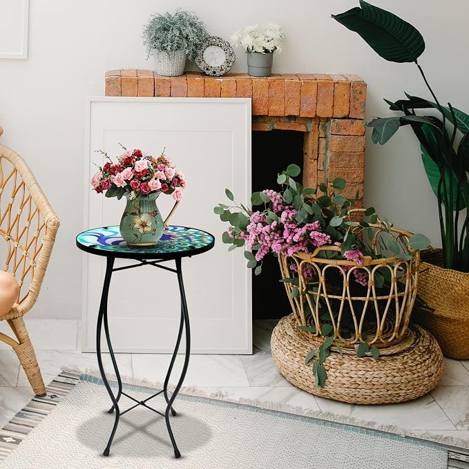 Arbuxzuy 2PCS 12 Inch Small Outdoor Side Table with Colorful Peacock, Glass Mosaic Patio Table Indoor, Round Plant Coffee Table for Living Room, Balcony, Garden
