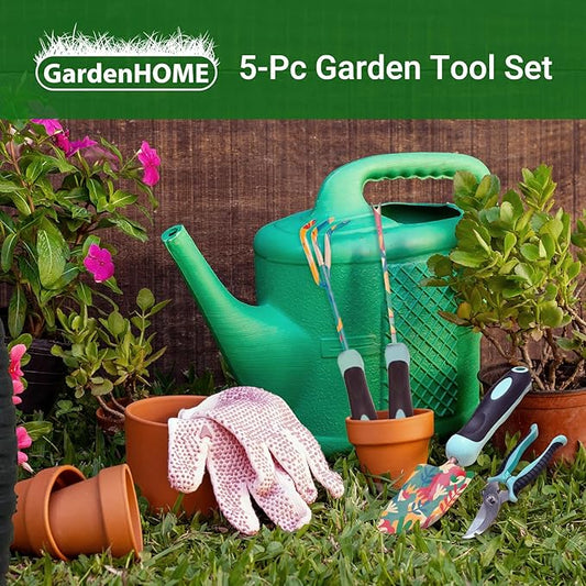 GardenHOME 5-Piece Gardening Tool Kit with Gloves – Durable Floral Garden Tools for Women, Complete Outdoor Garden Set