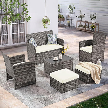 6 Piece Patio Furniture Set, Outdoor Wicker Conversation Set, Rattan Sectional Sofa Couch with Glass Coffee Table & Ottomans for Backyard, Porch, Garden, Poolside, Grey/Beige