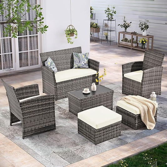 6 Piece Patio Furniture Set, Outdoor Wicker Conversation Set, Rattan Sectional Sofa Couch with Glass Coffee Table & Ottomans for Backyard, Porch, Garden, Poolside, Grey/Beige