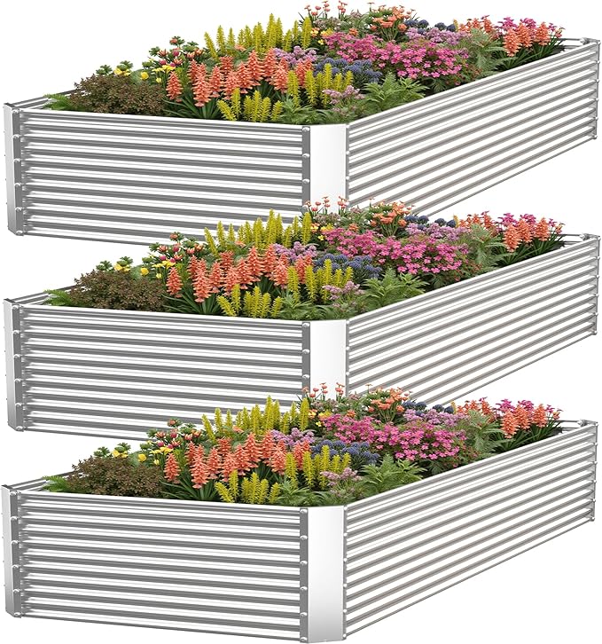 3 Pack Corrugated Galvanized Steel Raised Garden Bed Outdoor, Metal Above Ground Garden Bed for Vegetables and Flowers, Rectangle Raised Beds for Gardening-4x2FT