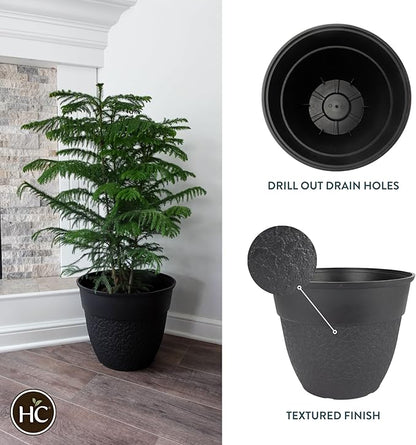 The HC Companies Brookhaven Decorative Round Planter - Lightweight Premium Resin Plant Pot with a Stonelike Texture for Indoor Outdoor Use (16 Inch Black, Pack of 2)