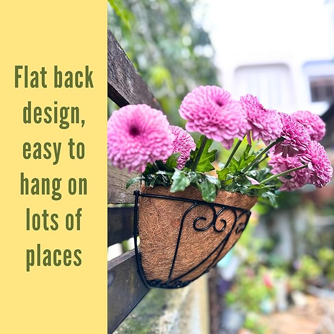 LaLaGreen Outdoor Wall Planters (2 Pack, 14 Inch) Black Metal Wall Mounted Hanging Basket with Coco Liner, Semi-Circle Flower Pot Plant Holder for Fence Railing Deck Porch Balcony French Garden Decor