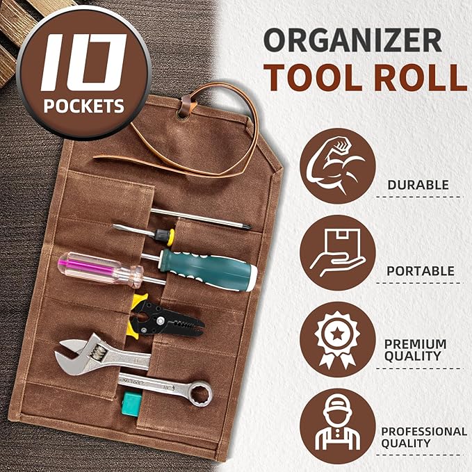 Tool Roll,10Slots Tool Roll Up Pouch,Heavy Duty Waxed Canvas Tool Roll Bag,Chisel Wrench Spanner Roll Tool Pouch with Leather Rope,Tool Roll Organizer for Mechanic Electrician Plumber Carpenter