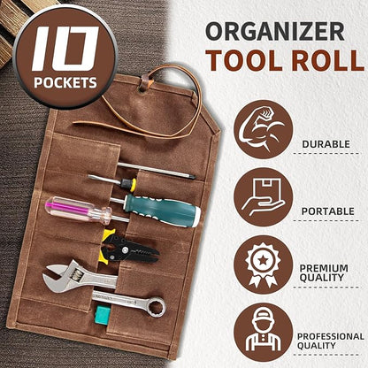 Tool Roll,10Slots Tool Roll Up Pouch,Heavy Duty Waxed Canvas Tool Roll Bag,Chisel Wrench Spanner Roll Tool Pouch with Leather Rope,Tool Roll Organizer for Mechanic Electrician Plumber Carpenter