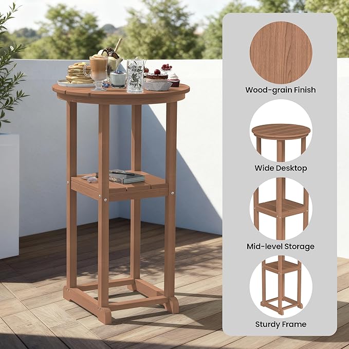 Ciokea Balcony Chairs and Table 3 Pieces Set, Outdoor High Top Bar Set, HDPE Oversized Adirondack Bar Chairs Set of 2 and Round Table for Outside Dining Bistro Poolside Backyard, Teak