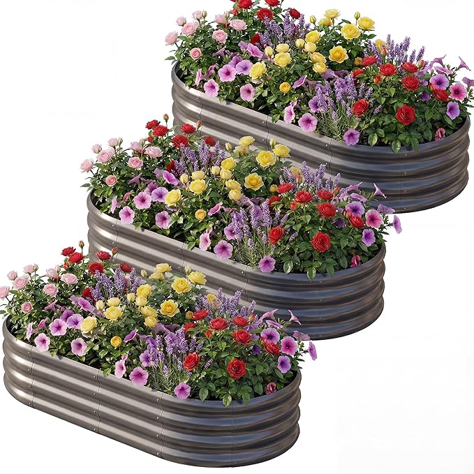 AHEONLAR 3 Pack 6×3×1ft Galvanized Raised Garden Bed, Oval Durable Planter Boxes Outdoor for Vegetables, Fruits, Flowers and Plants, Quick Assembly, Grey