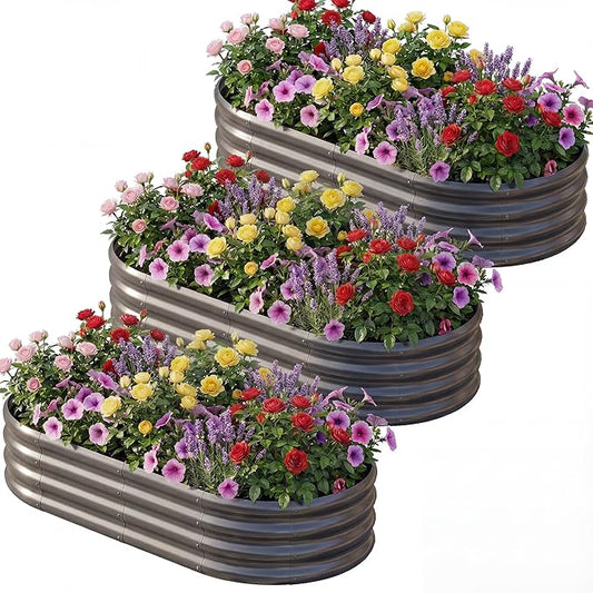 AHEONLAR 3 Pack 6×3×1ft Galvanized Raised Garden Bed, Oval Durable Planter Boxes Outdoor for Vegetables, Fruits, Flowers and Plants, Quick Assembly, Grey