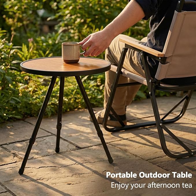 Small Folding Table Round Portable Patio Table Tool-Free Assembly Height Adjustable Side Table Easy to Carry and Move (Brown)