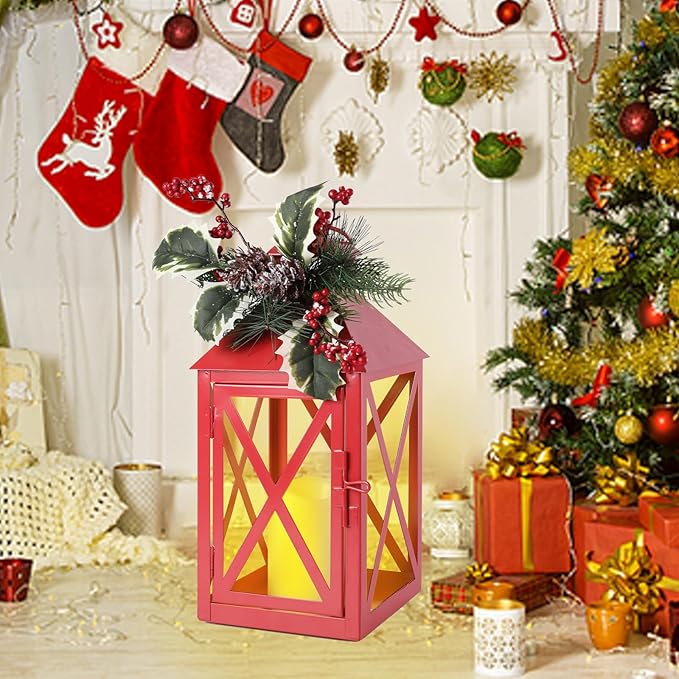 Taman Christmas Lantern,2 Pack Hanging Flickering Candle Lanterns Decorative Metal Vintage Light Battery Operated Umbrella Lights for Christmas Patio Garden, Table,Party Decor