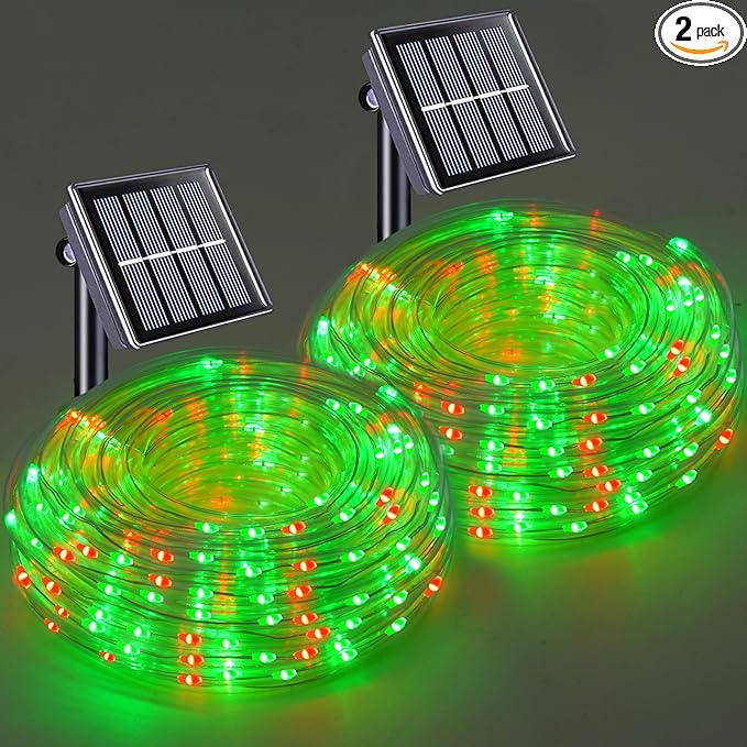 YEGUO Solar Christmas Lights Outdoor Waterproof, 2 Packs Each 33ft 100 LED Rope Lights, 8 Modes Fairy String Lights in Clear Thin Tube for Camping Fence Patio Garden Trampoline Deck(Red and Green)
