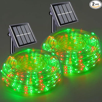 YEGUO Solar Christmas Lights Outdoor Waterproof, 2 Packs Each 33ft 100 LED Rope Lights, 8 Modes Fairy String Lights in Clear Thin Tube for Camping Fence Patio Garden Trampoline Deck(Red and Green)