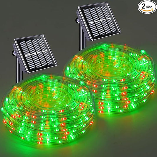 YEGUO Solar Christmas Lights Outdoor Waterproof, 2 Packs Each 33ft 100 LED Rope Lights, 8 Modes Fairy String Lights in Clear Thin Tube for Camping Fence Patio Garden Trampoline Deck(Red and Green)