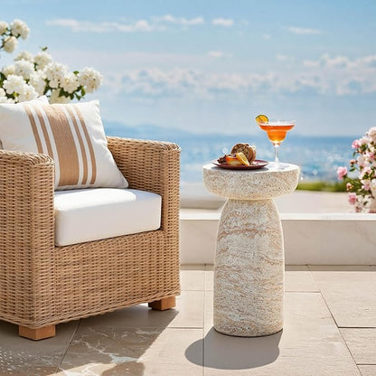 Side Table, 24''H Faux Travertine Look Accent Coffee Table, Durable Lightweight Patio Decorative Modern End Table, Weatherproof Indoor Outdoor Garden Stool for Living Room Balcony