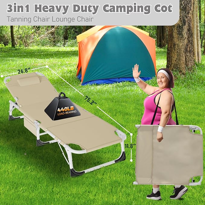 ABORON 3-in-1 Tanning Chair, 5-Position with Face and Arm Holes | 5-position reclining chair includes a removable mat, pillow, face hole and arm slots; folds flat for beach or patio use.