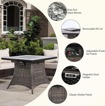 3-Piece Wicker Patio Furniture Set, 2 Armchairs and 1 Fire Pit, Conversation Set with Cushions, Blue