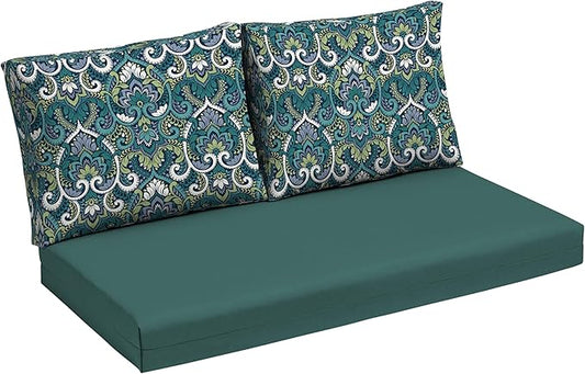 Arden Outdoor Loveseat Cushion Set, 48 x 24, Water Repellent, Fade Resistant, Cushion Set for Couch, Bench, and Swing, Sapphire Aurora Blue Damask