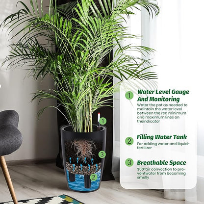 16 in Tall Planters Set of 2, Plant Pots, Self Watering Pots for Indoor Plants, Flower Pots With Built-In Drainage and Visual Water Level Design, for Patio, Porch, Living Room, or Home Office, Black