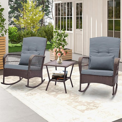 HAPPYGRILL 3 Pieces PE Rattan Rocking Bistro Set, Rocking Chairs with 2-Tier Coffee Table, Thick Pillows and Cushions, Outdoor Conversation Set for Porch, Garden and Poolside, (Gray)